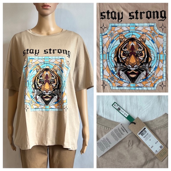 NWT Noisy May Women’s Oversized Stay Strong Tiger T-Shirt, Size M - Picture 1 of 8